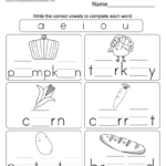 Free Printable Missing Vowels Thanksgiving Worksheet Regarding Free Printable Worksheets For Kindergarten Thanksgiving