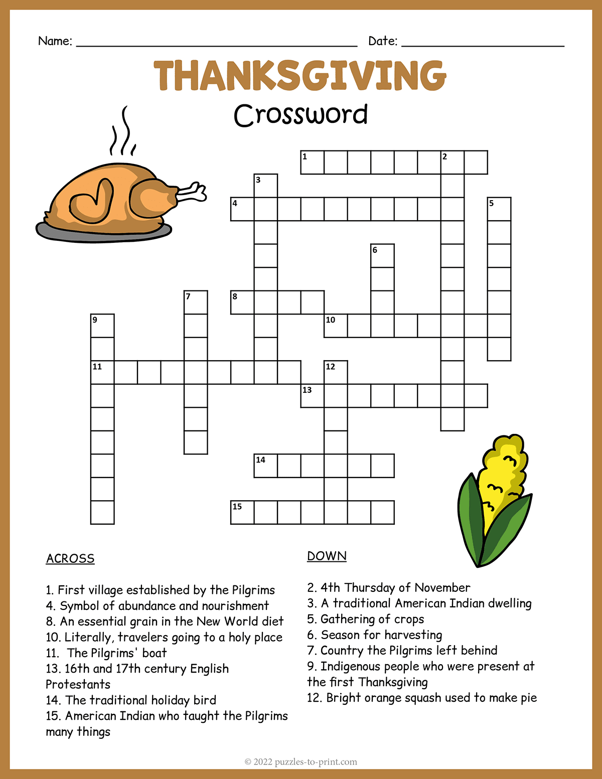 Free Printable Thanksgiving Crossword inside Thanksgiving Crossword Puzzle Worksheet