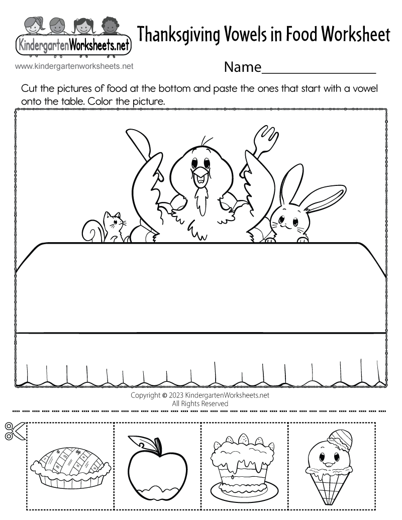 Free Printable Thanksgiving Vowels In Food Worksheet with Free Printable Thanksgiving Worksheets For Preschoolers