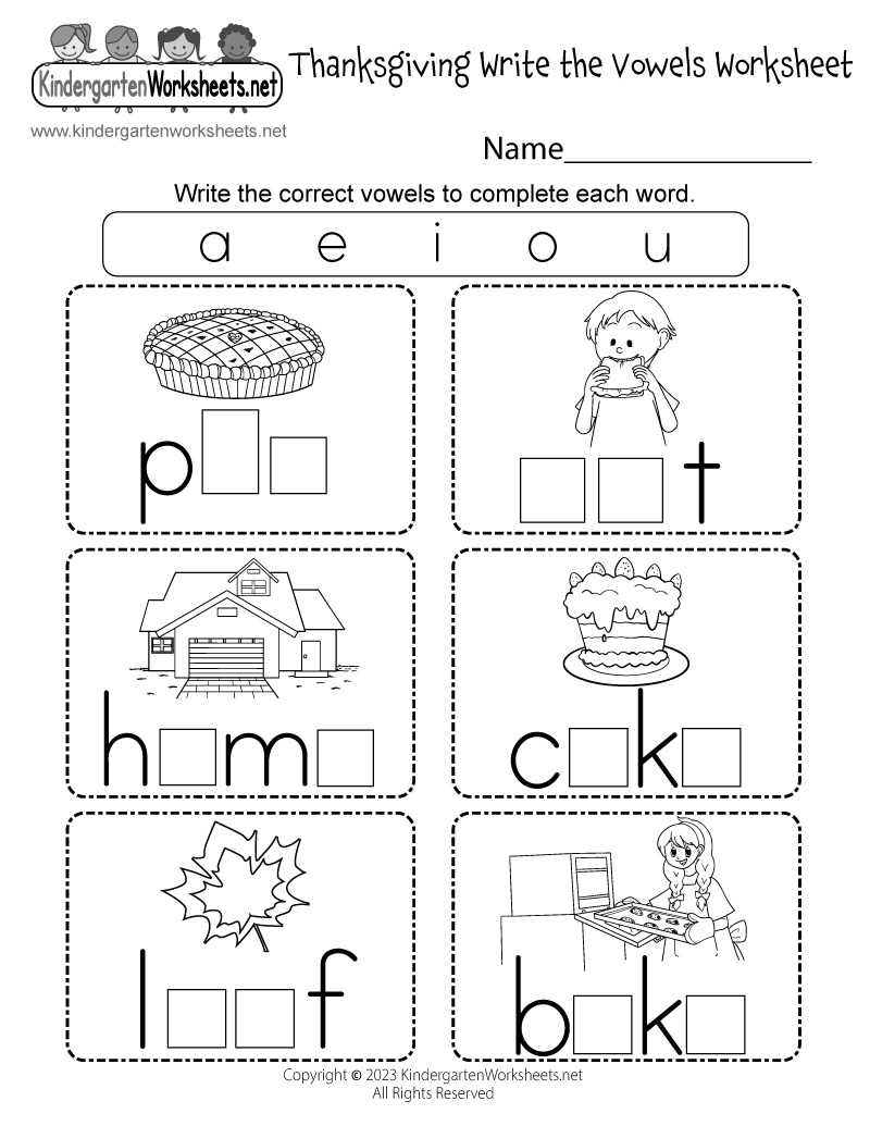 Free Printable Thanksgiving Write The Vowels Worksheet pertaining to Free Kindergarten Thanksgiving Worksheets