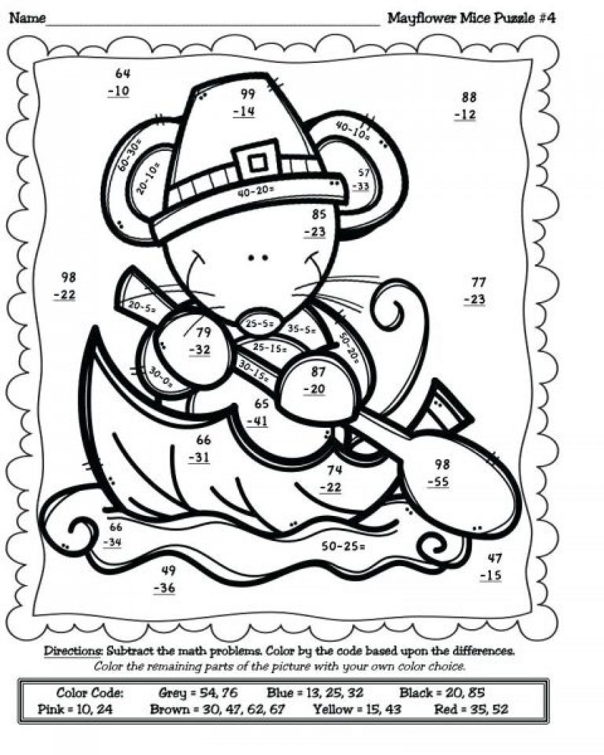 Free Subtraction Coloring Worksheets For Second Grade - Worksheet in Thanksgiving Subtraction With Regrouping Worksheets