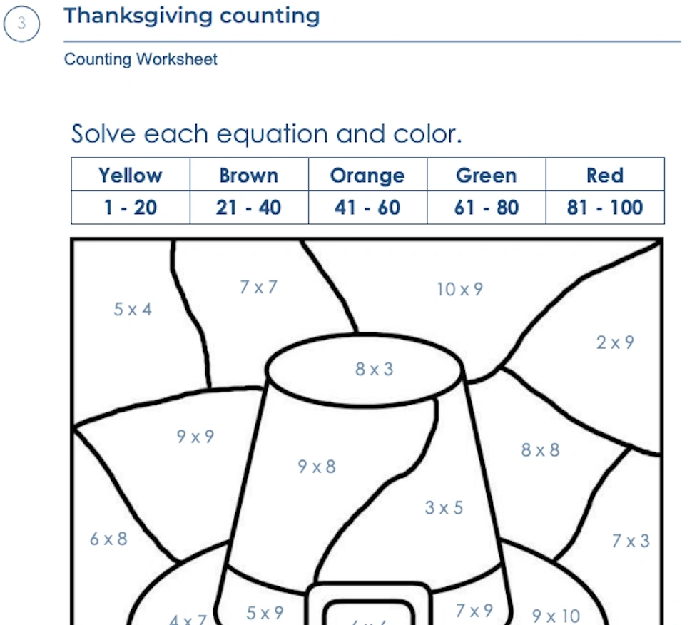 Free Thanksgiving Counting Worksheets [Pdfs] Brighterly for Algebra 2 Thanksgiving Worksheets