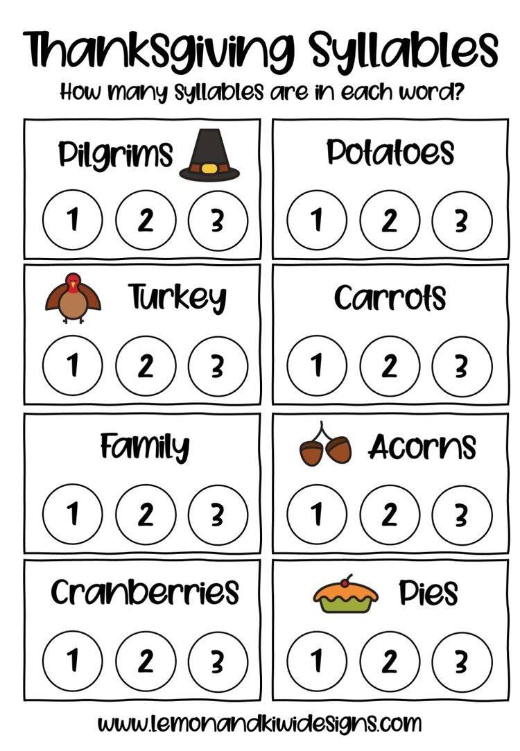 free thanksgiving literacy printables lemon and kiwi designs in thanksgiving syllable worksheets Free Thanksgiving Literacy Printables - Lemon And Kiwi Designs in Thanksgiving Syllable Worksheets