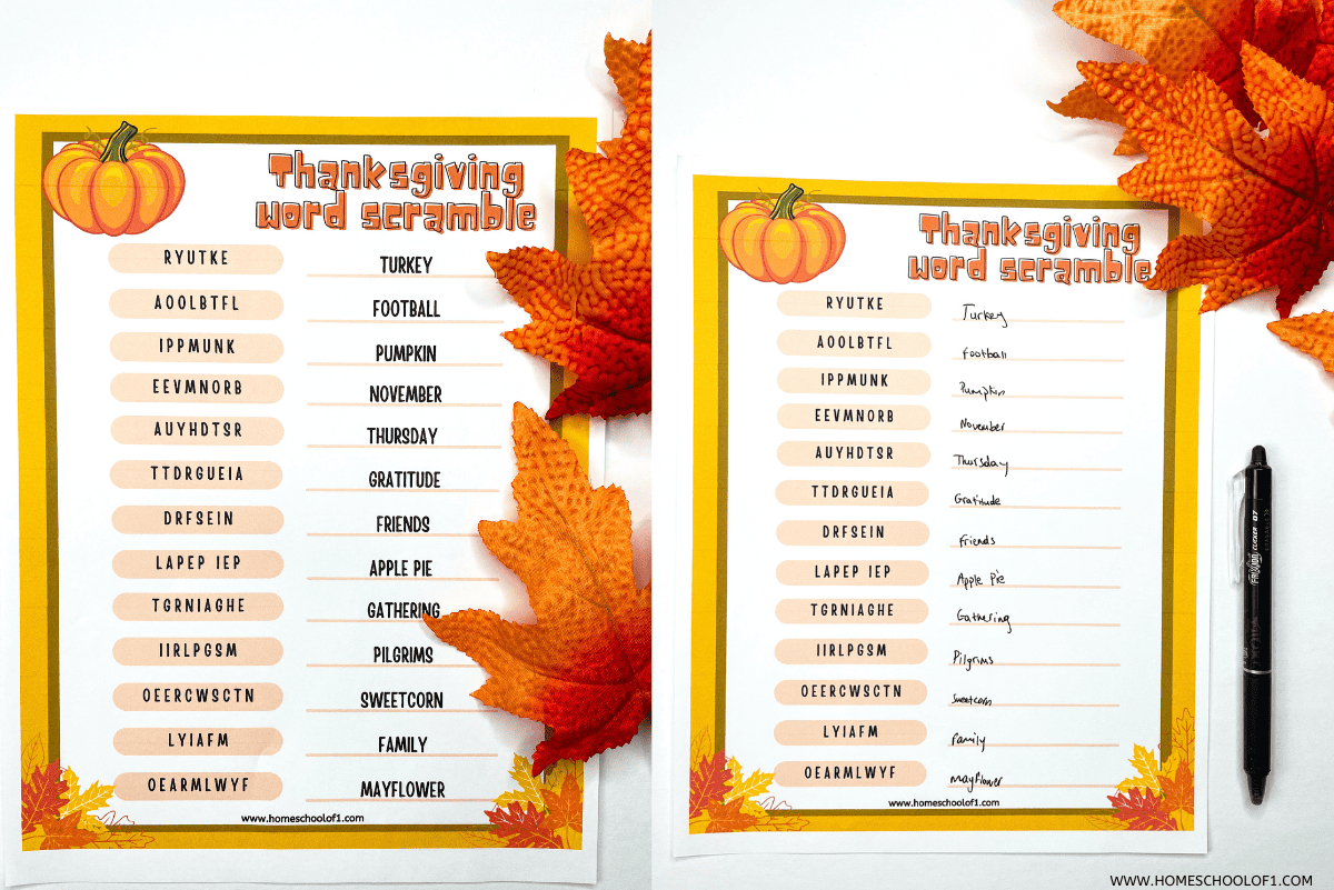 Free Thanksgiving Word Scramble Printable (With Answers) for Thanksgiving Word Scramble Worksheet
