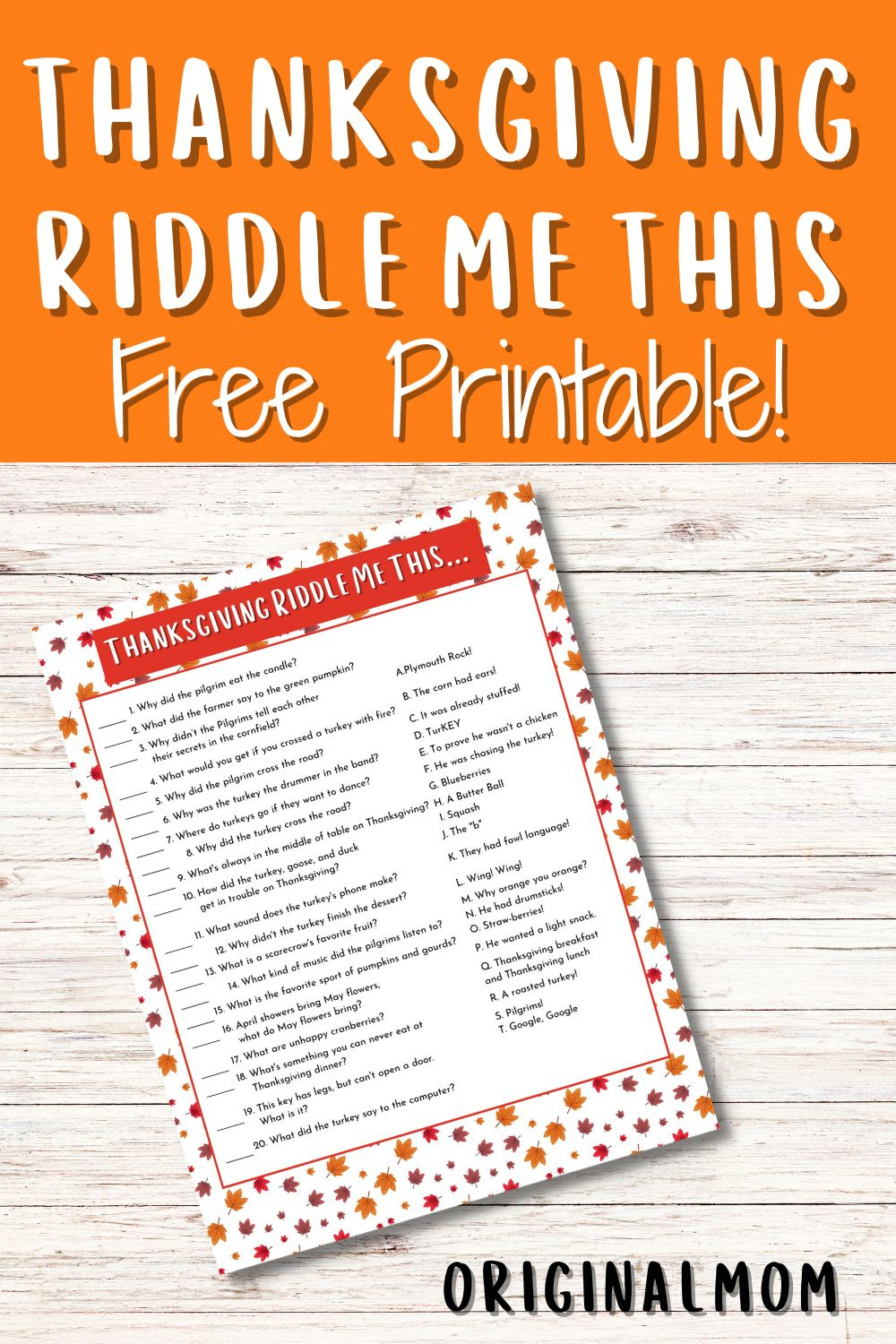 Fun Thanksgiving Riddle Me This Free Printable - Originalmom in Thanksgiving Riddles Worksheet