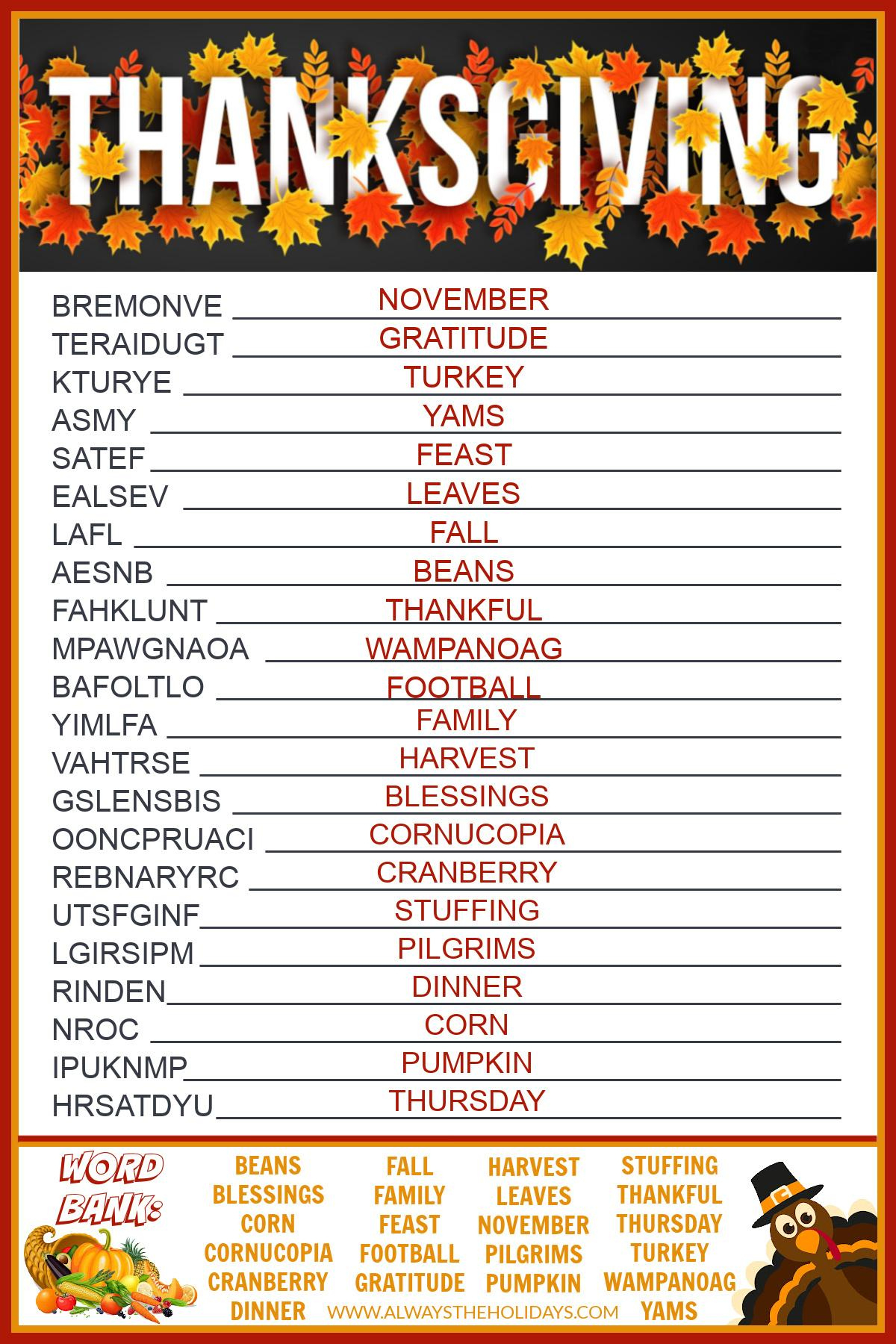 Get A Free Printable Thanksgiving Word Scramble With Answers pertaining to Thanksgiving Word Scramble Worksheet Answers