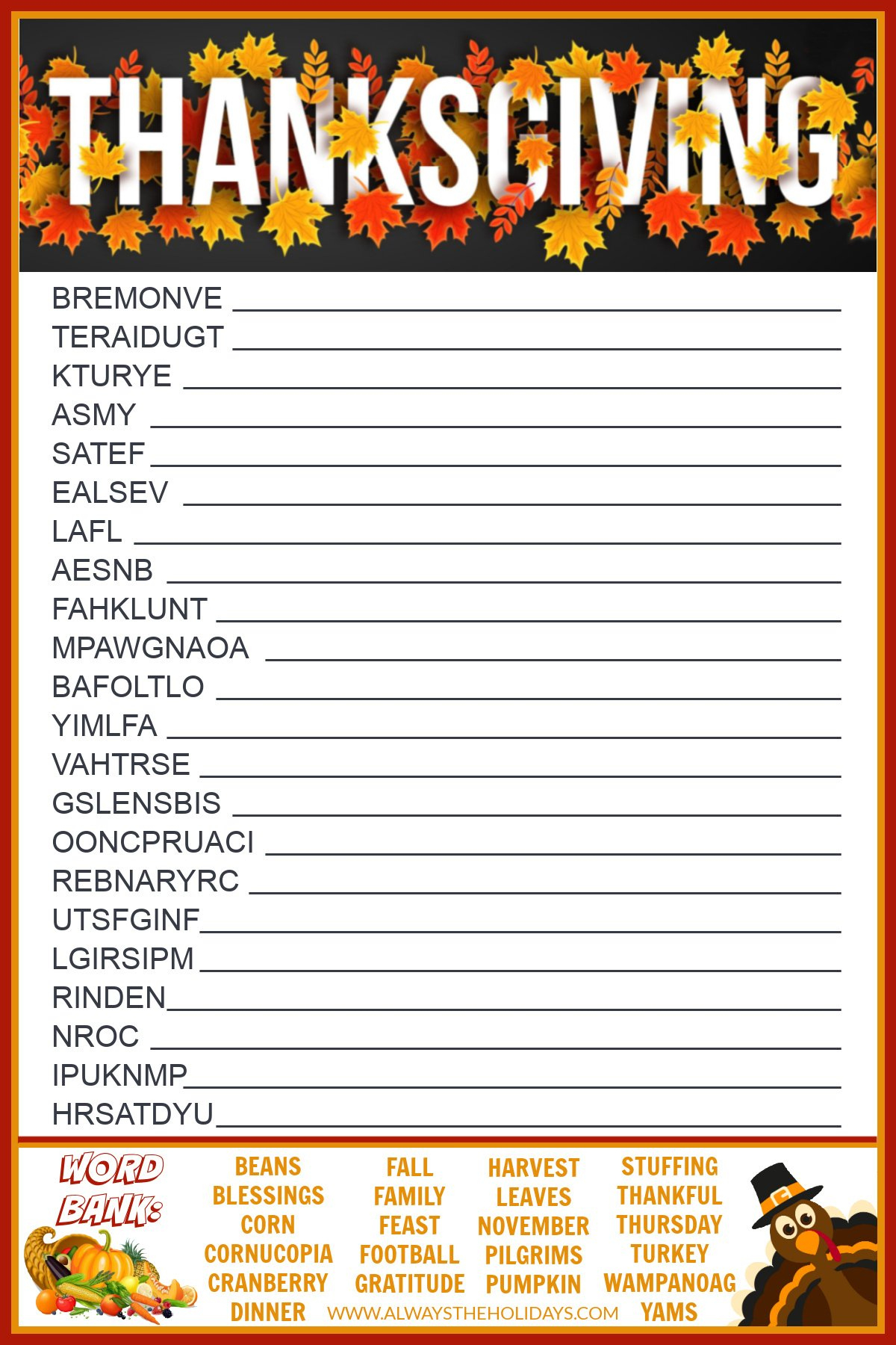 Get A Free Printable Thanksgiving Word Scramble With Answers regarding Thanksgiving Word Scramble Worksheet