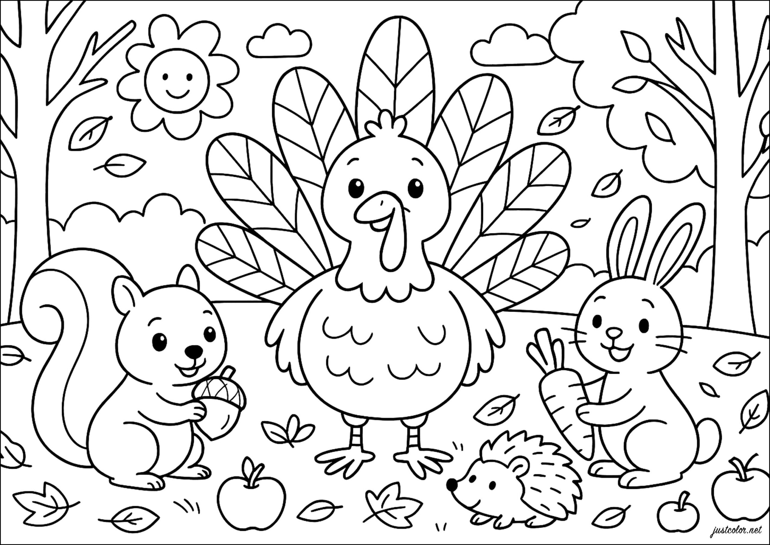 Happy Turkey And His Autumn Friends - Thanksgiving Coloring Pages pertaining to Coloring Worksheets For Thanksgiving
