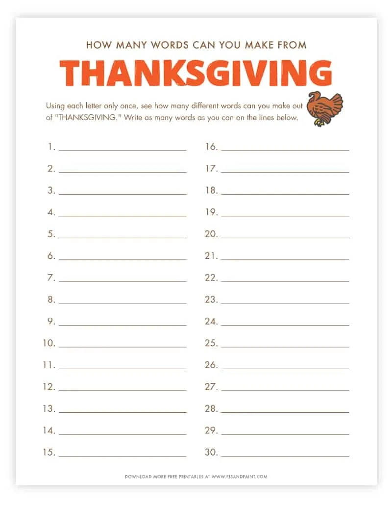 How Many Words Can You Make Out Of Thanksgiving - Free Printable with How Many Words Can You Make From Thanksgiving Worksheet