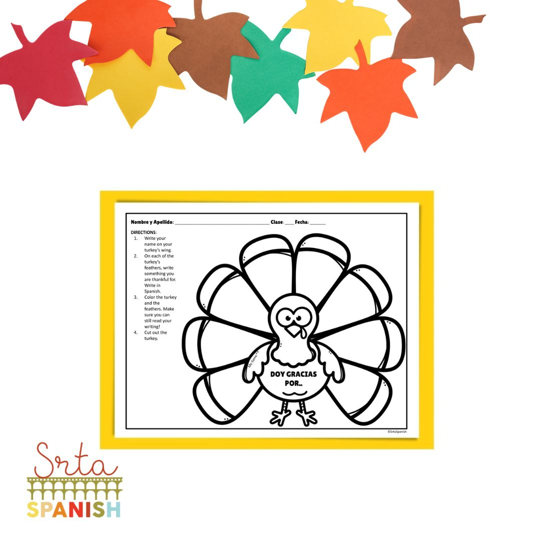 I Am Thankful Turkey Printable Spanish Class Craft Template - Srta with Printable Spanish Thanksgiving Worksheets