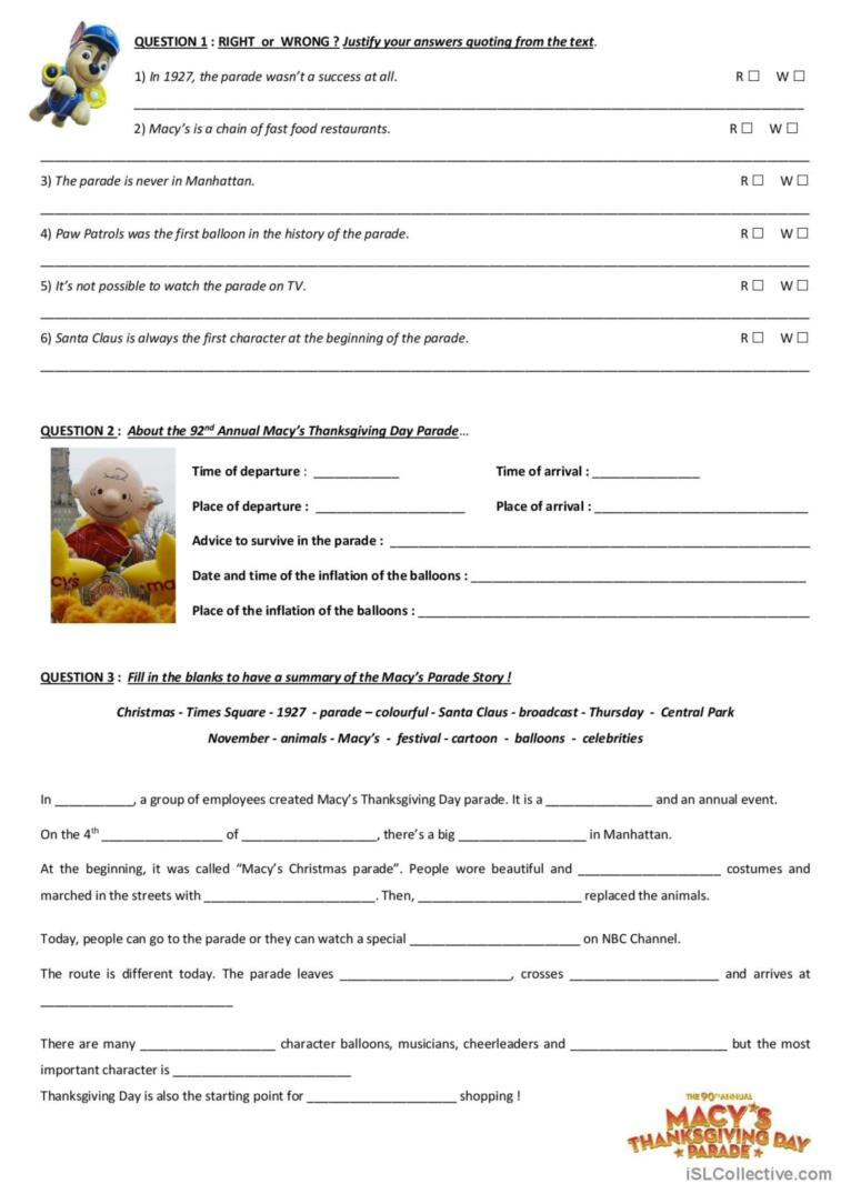 Macy&amp;#039;S Thanksgiving Day Parade: English Esl Worksheets Pdf &amp;amp; Doc with Macy&amp;#039;S Thanksgiving Day Parade Worksheet