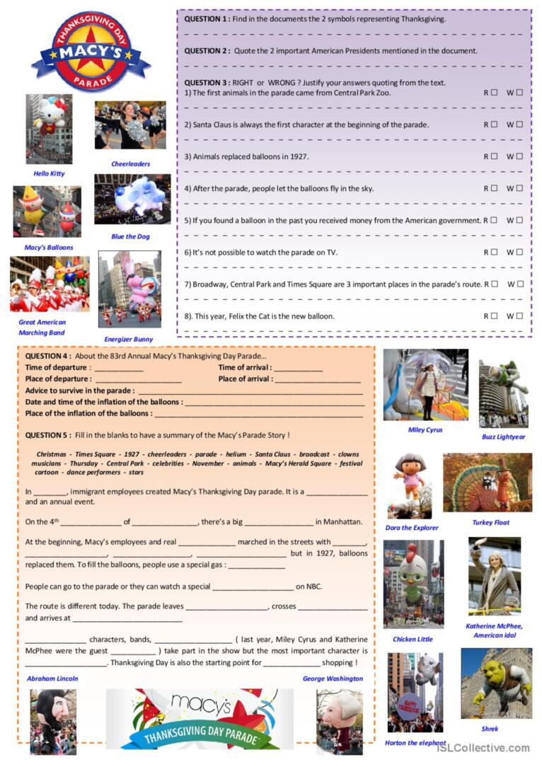 Macy&amp;#039;S Thanksgiving Day Parade Readi…: English Esl Worksheets Pdf intended for Macy&amp;#039;S Thanksgiving Day Parade Worksheet