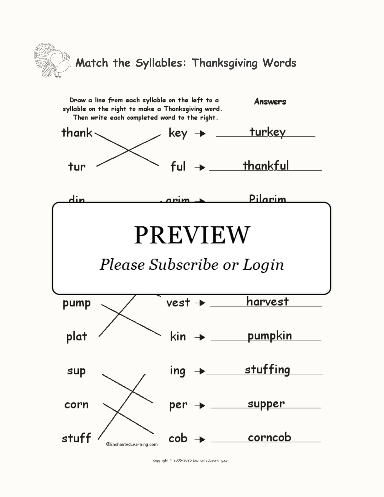 Match The Syllables: Thanksgiving Words - Enchanted Learning inside Thanksgiving Syllables Worksheet