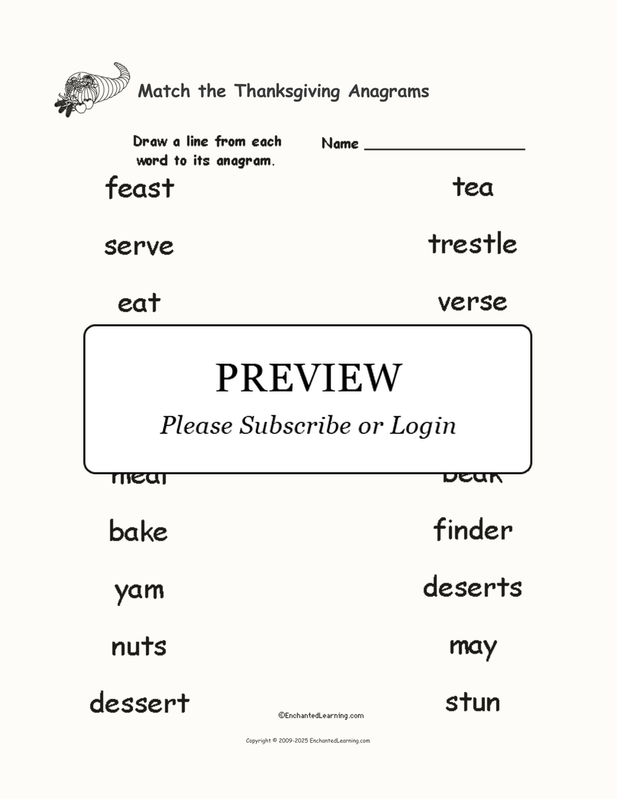 Match The Thanksgiving Anagrams - Enchanted Learning regarding Thanksgiving Anagrams Worksheet