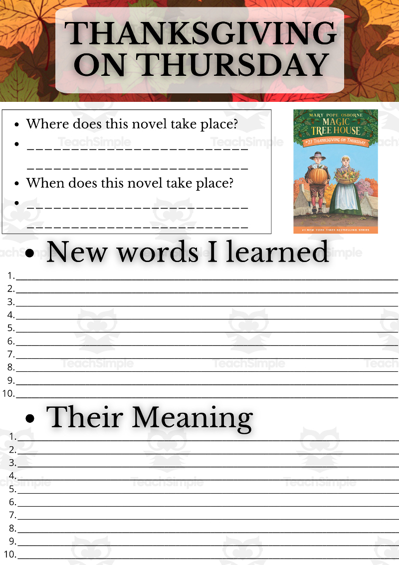 Novel Study - Thanksgiving On Thursday - Magic Tree Houseteach inside Thanksgiving on Thursday Worksheets