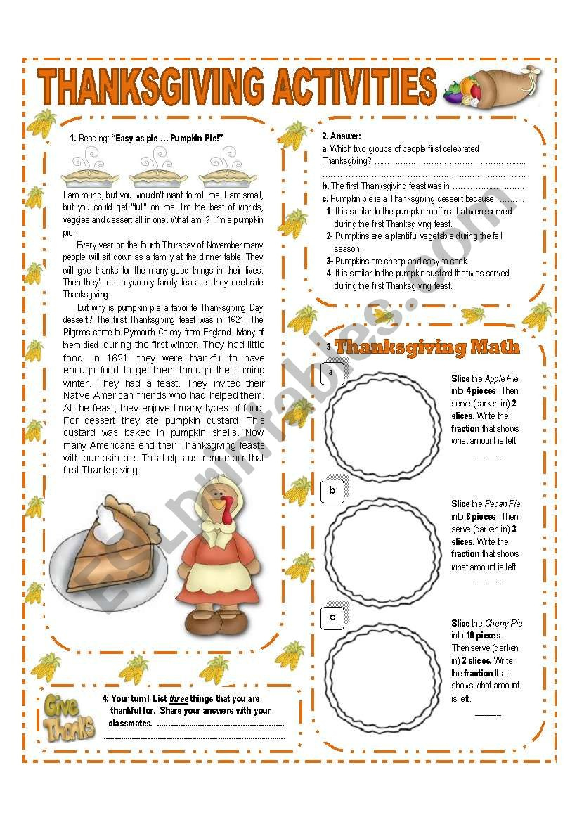 November Theme:thanksgiving - Activities With Key - (1/3 throughout Thanksgiving A Day Of Thanks Worksheet Answers