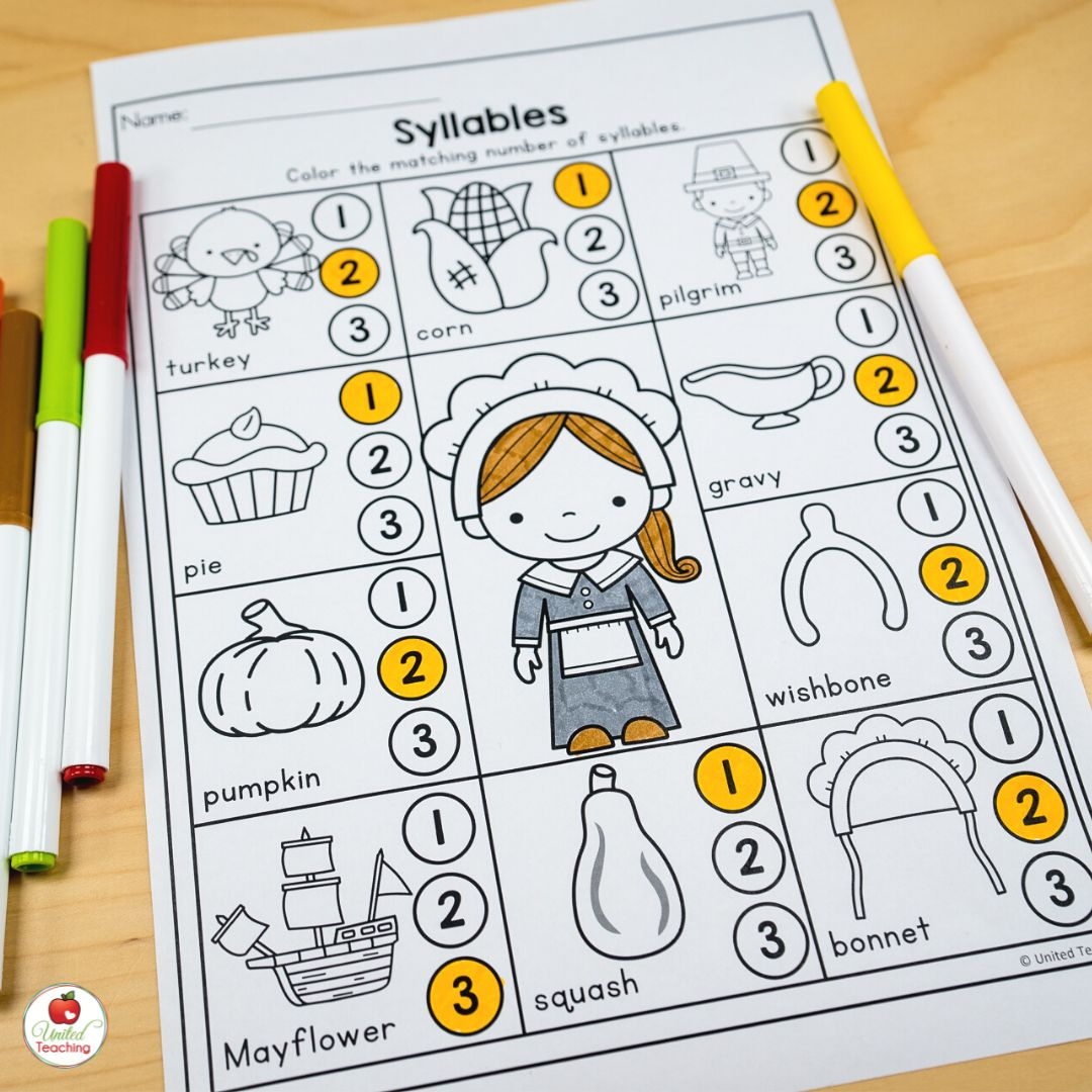 November Worksheets For Kindergarten: Easy To Prep Thanksgiving regarding Thanksgiving Syllables Worksheet
