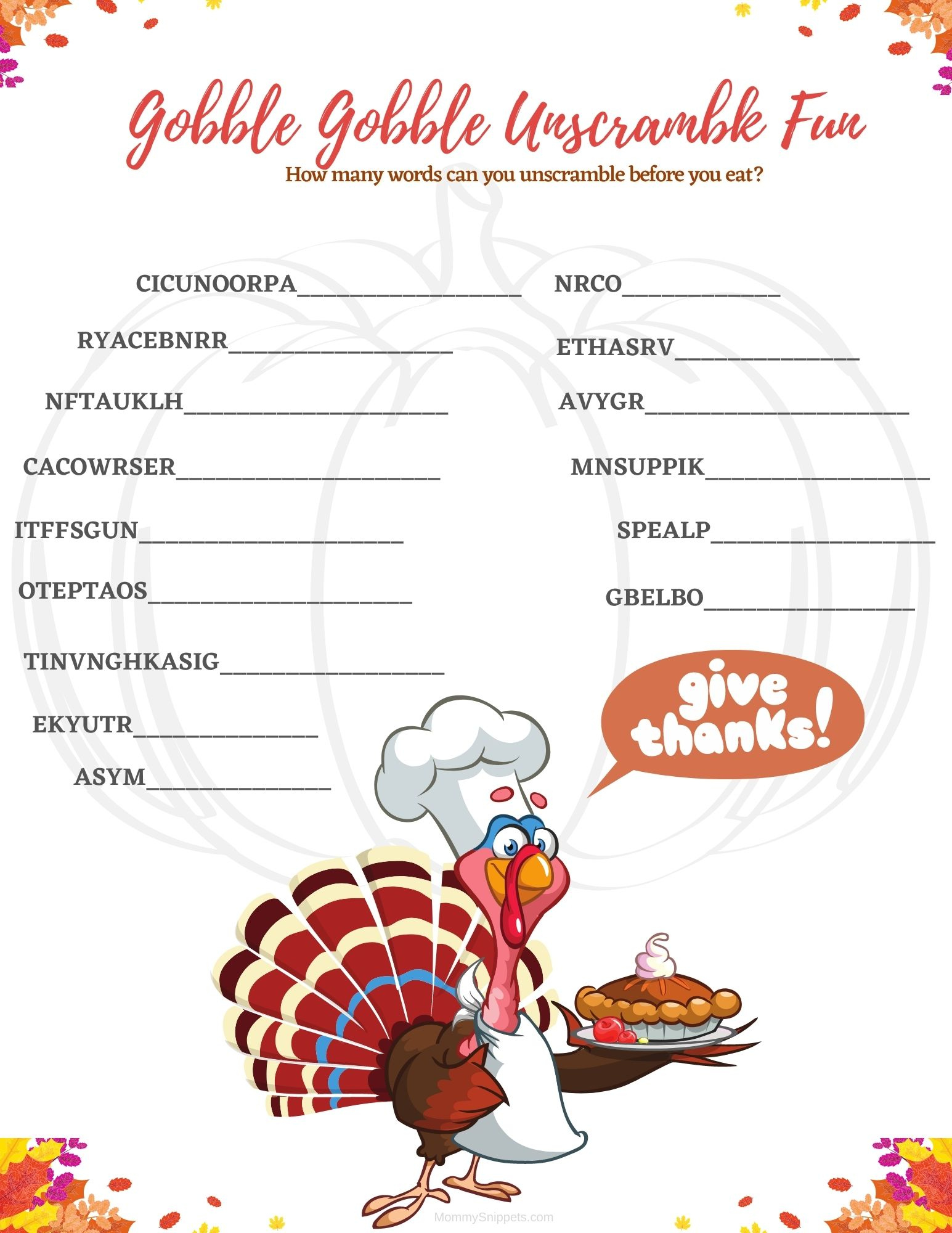 Over 25 Free Thanksgiving Printables For Kids - Mommy Snippets regarding Thanksgiving Unscramble Worksheets