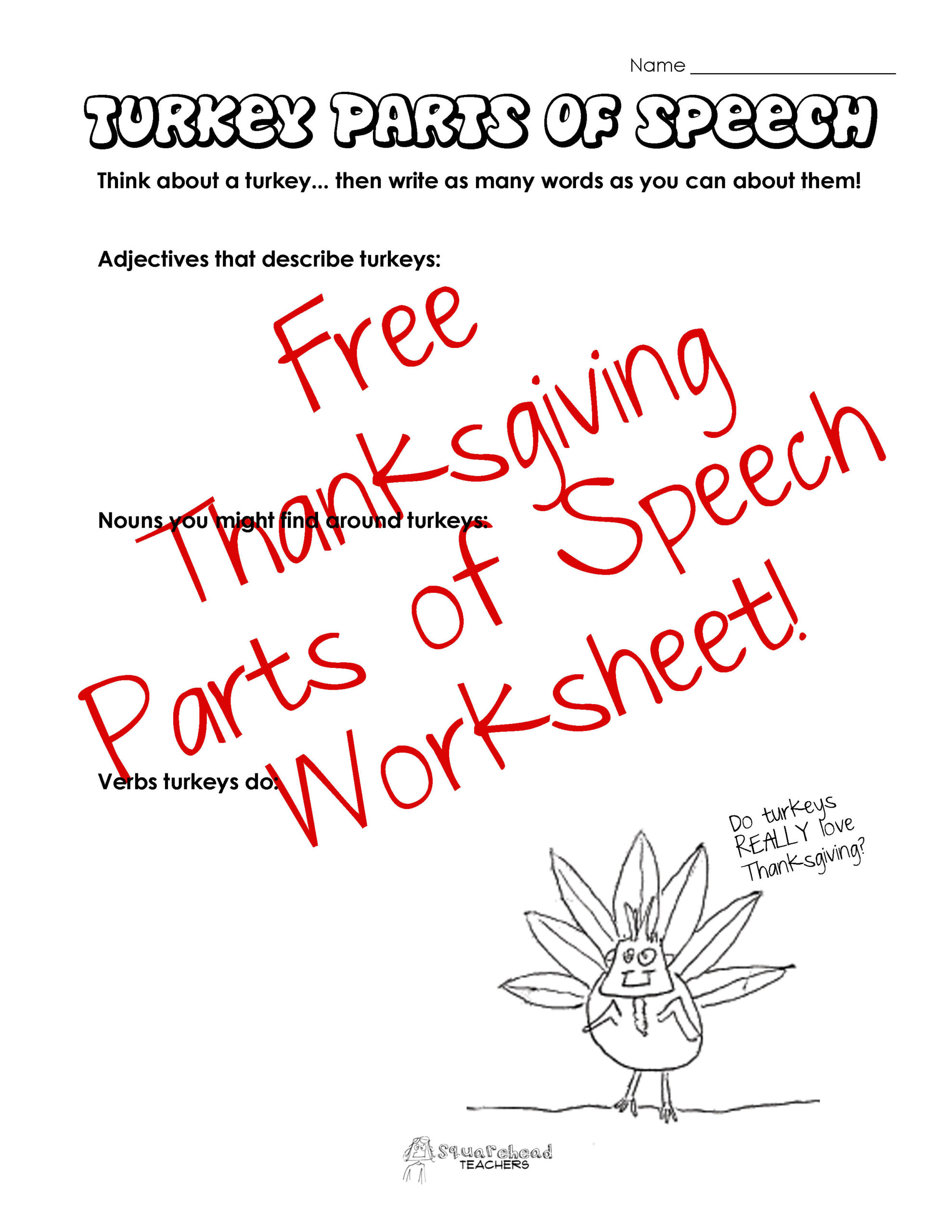 Parts Of Speech: Thanksgiving Turkey | Squarehead Teachers for Thanksgiving Parts of Speech Worksheets