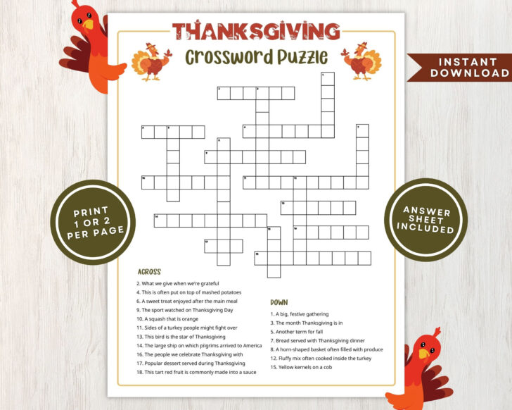 Thanksgiving Crossword Puzzle Worksheet Answer Key