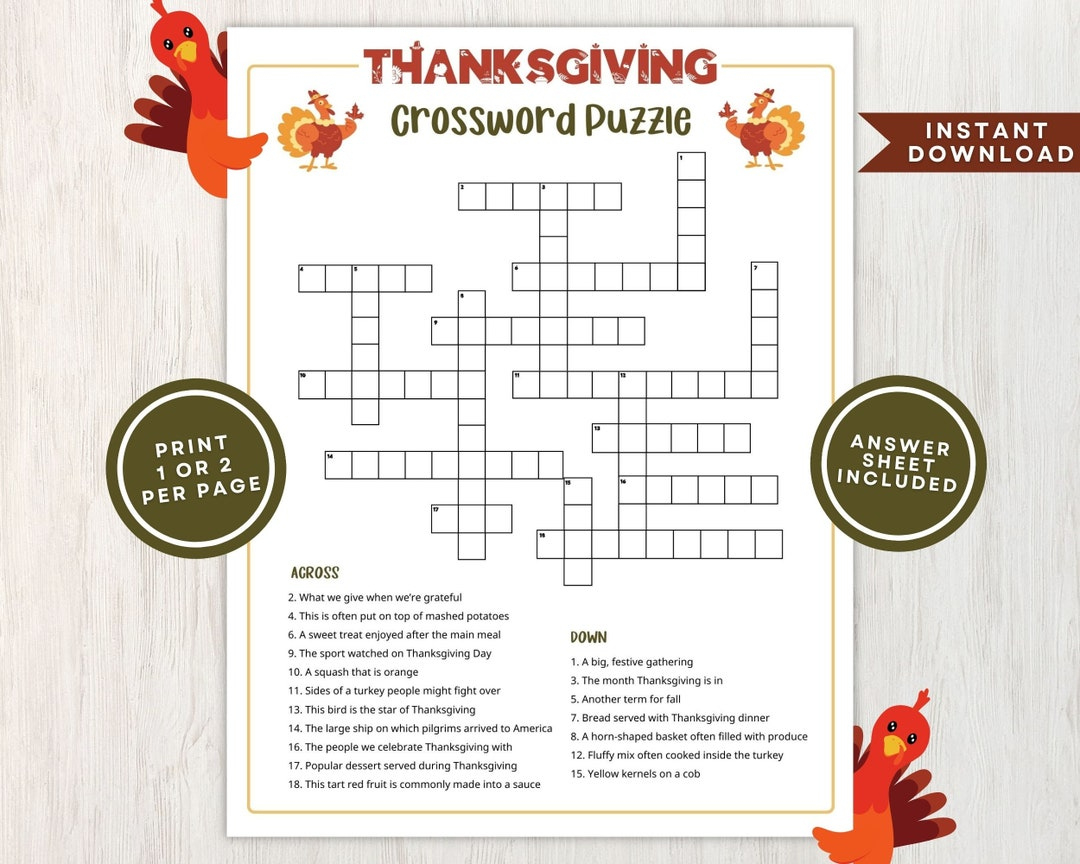 Printable Thanksgiving Crossword Puzzle For Kids And Adults for Thanksgiving Crossword Puzzle Worksheet