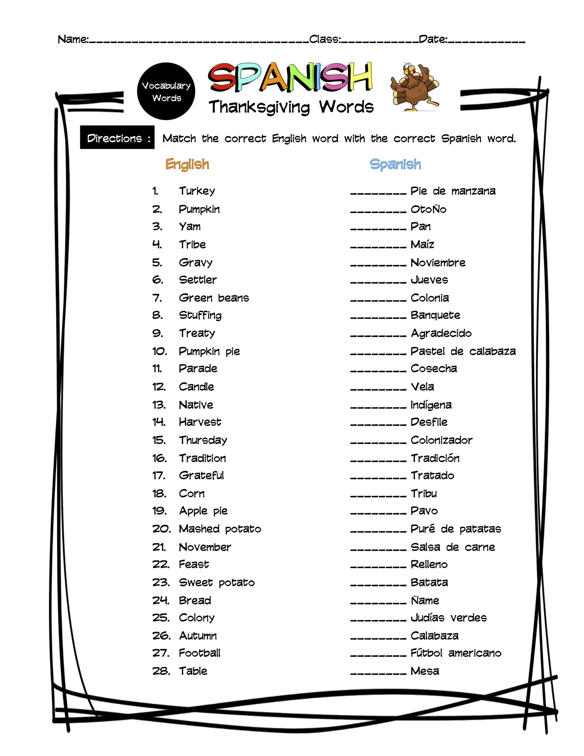 Spanish Thanksgiving Vocabulary Matching Worksheet &amp;amp; Answer Key throughout Spanish Thanksgiving Worksheets