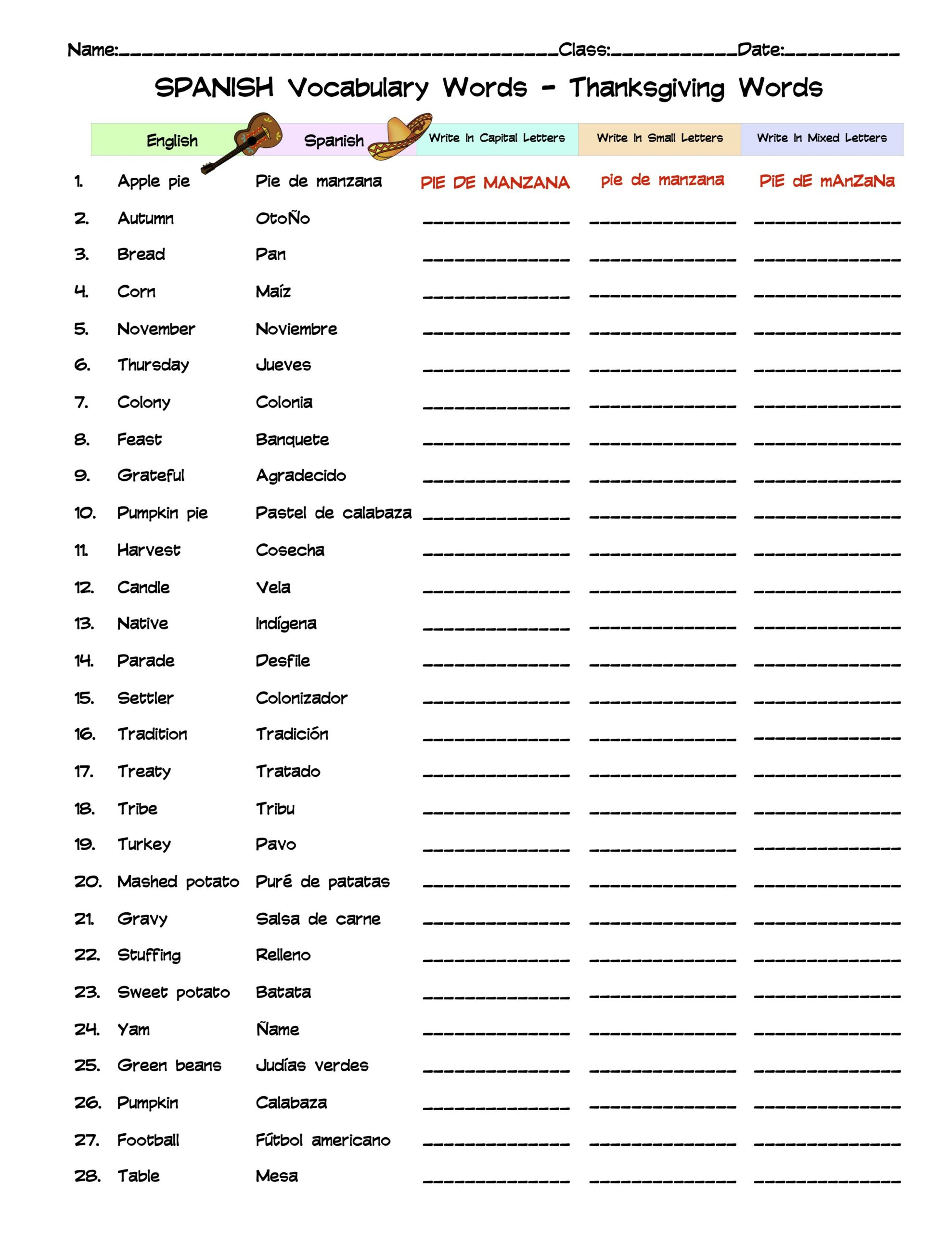 Spanish Thanksgiving Vocabulary Word List Column Worksheet | Made in Thanksgiving Worksheets in Spanish