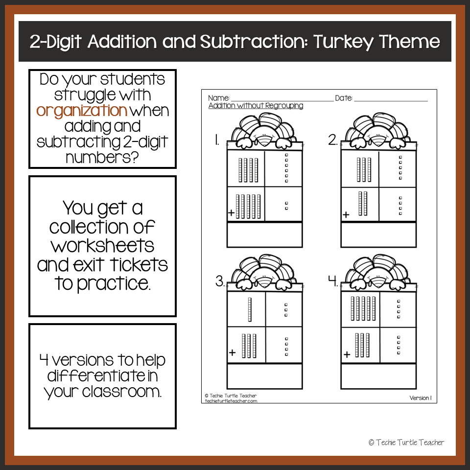 Thanksgiving 2-Digit Addition &amp;amp; Subtraction Using Base Ten Blocks with Thanksgiving Subtraction With Regrouping Worksheets