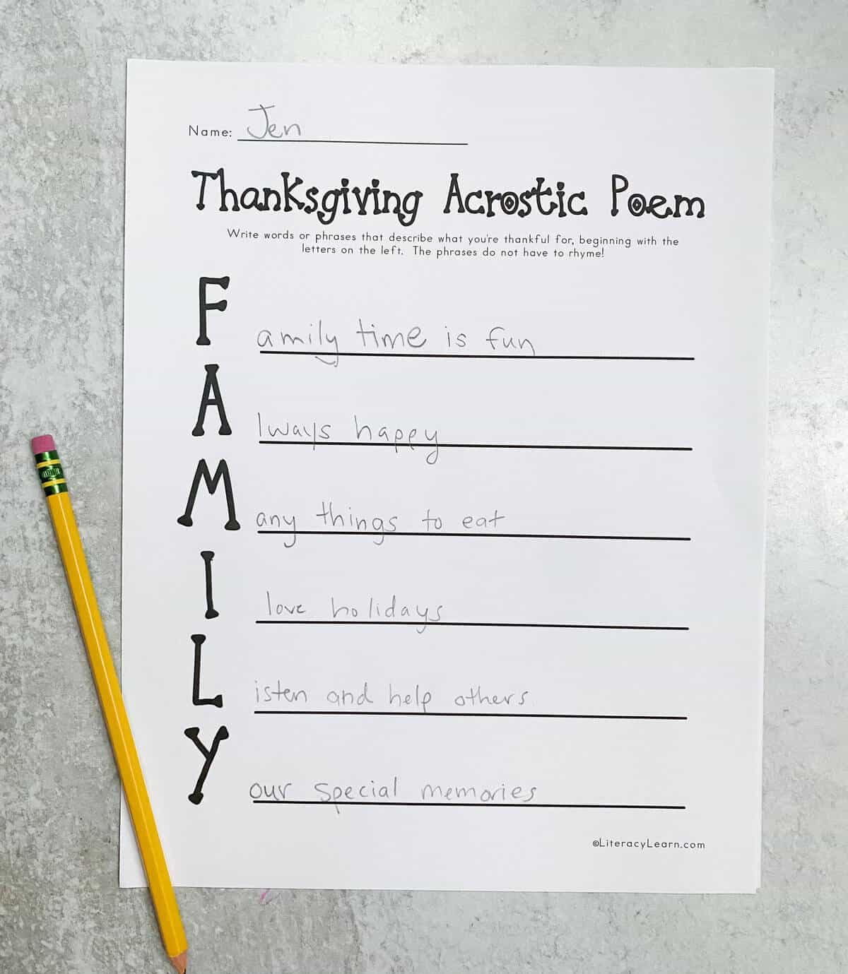 Thanksgiving Acrostic Poems - 4 Free Printables - Literacy Learn regarding Thanksgiving Acrostic Poem Worksheet