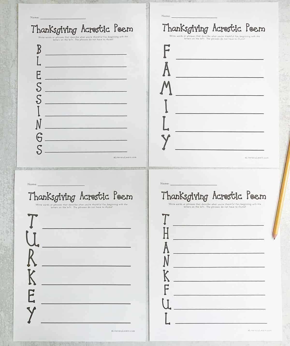 Thanksgiving Acrostic Poems - 4 Free Printables - Literacy Learn with regard to Thanksgiving Acrostic Poem Worksheet