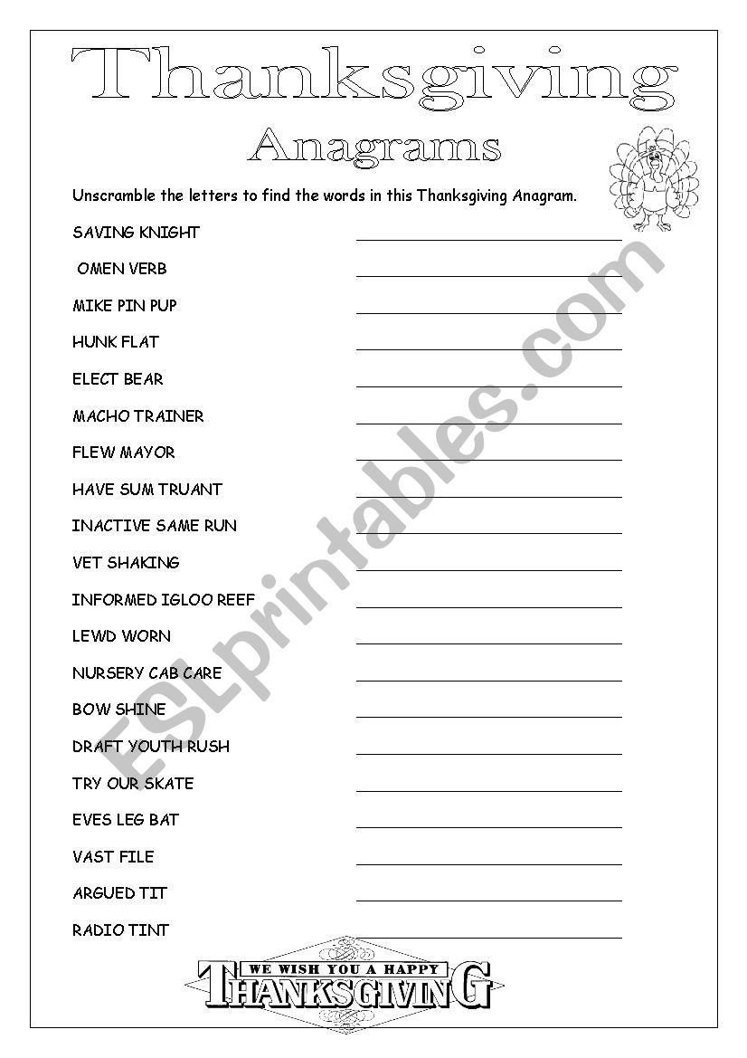 Thanksgiving Anagrams - Esl Worksheetloretta01 for Thanksgiving Anagrams Worksheet