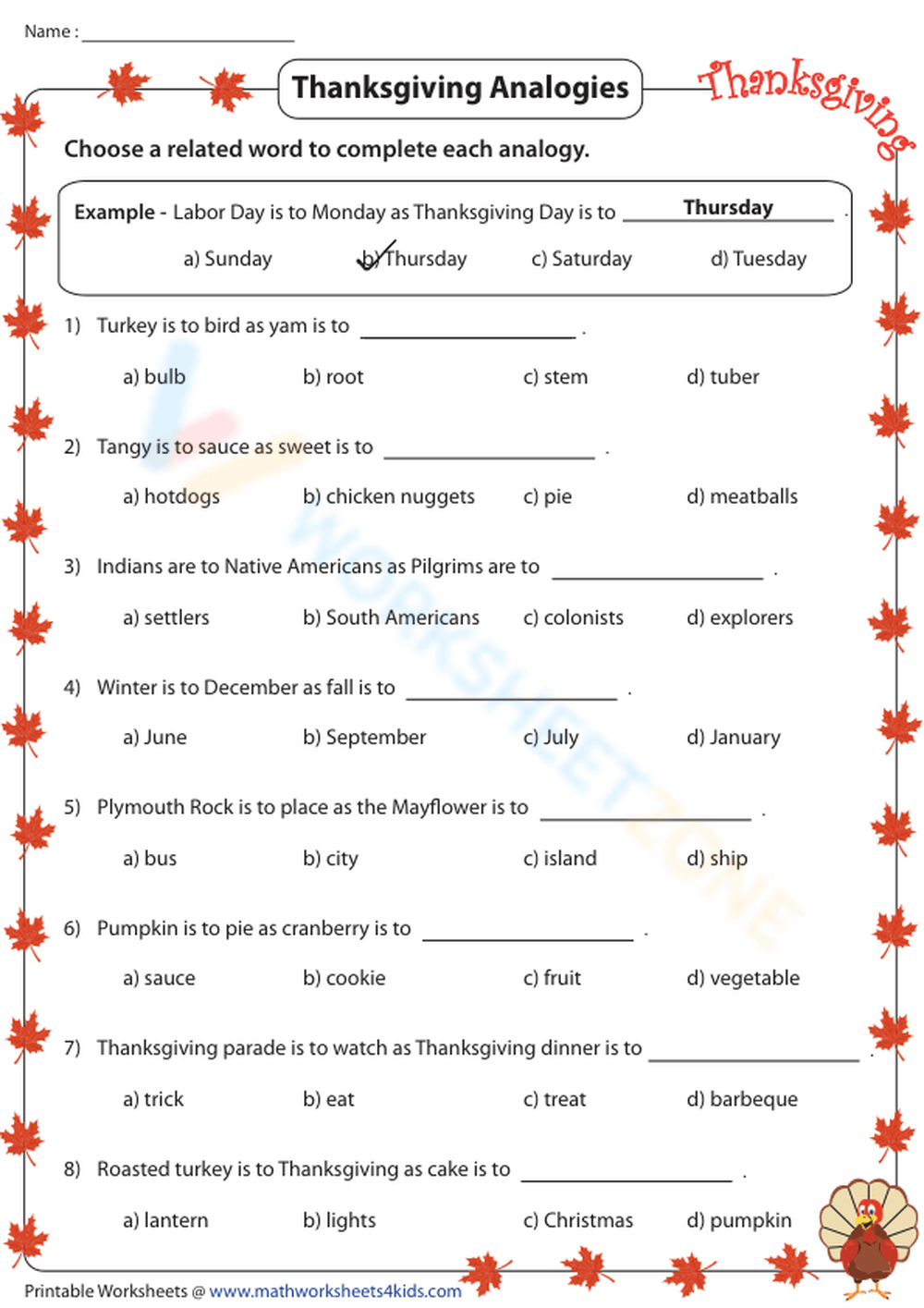 Thanksgiving Analogies: Festive &amp;amp; Fun Worksheet! Worksheet throughout Thanksgiving Analogies Worksheet Answer Key