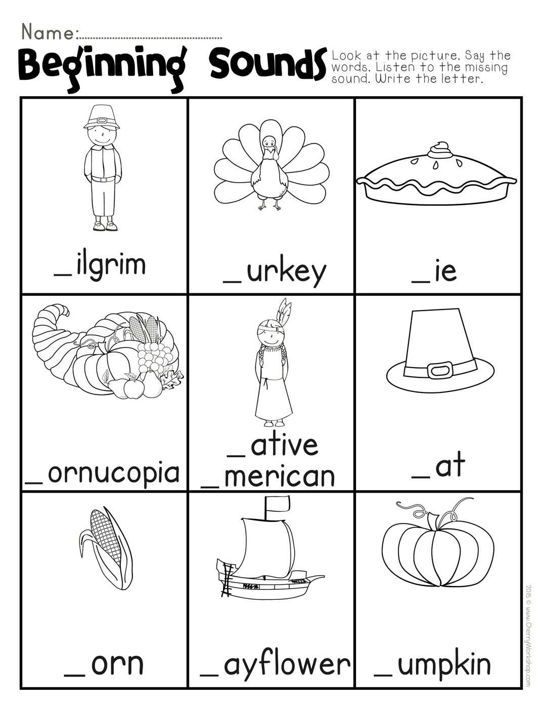 Thanksgiving Beginning Sound with Thanksgiving Beginning Sounds Worksheet