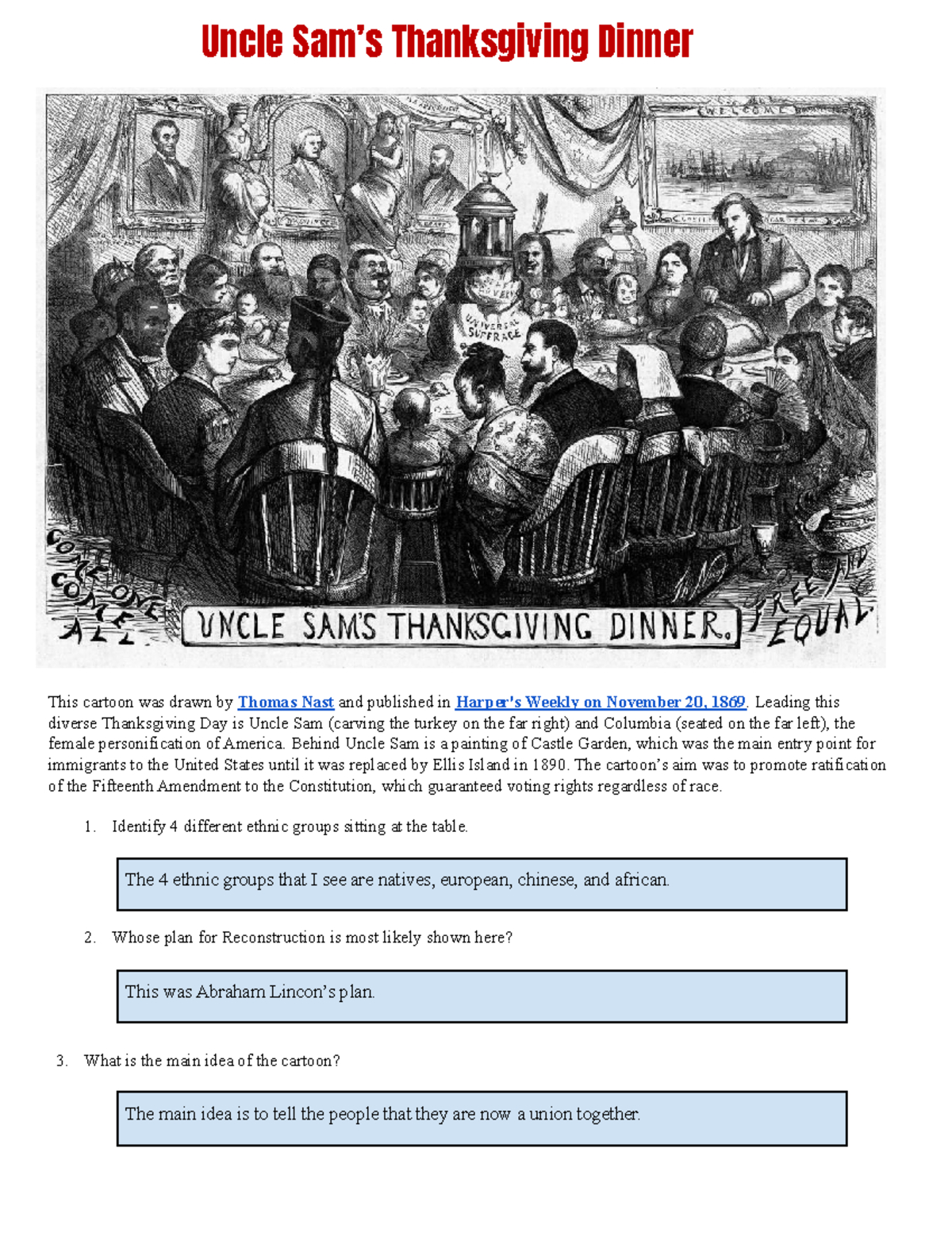 Thanksgiving Cartoon Analysis: Ethnic Unity &amp;amp; Controversies In throughout Uncle Sam&amp;amp;#039;s Thanksgiving Dinner Worksheet Answers