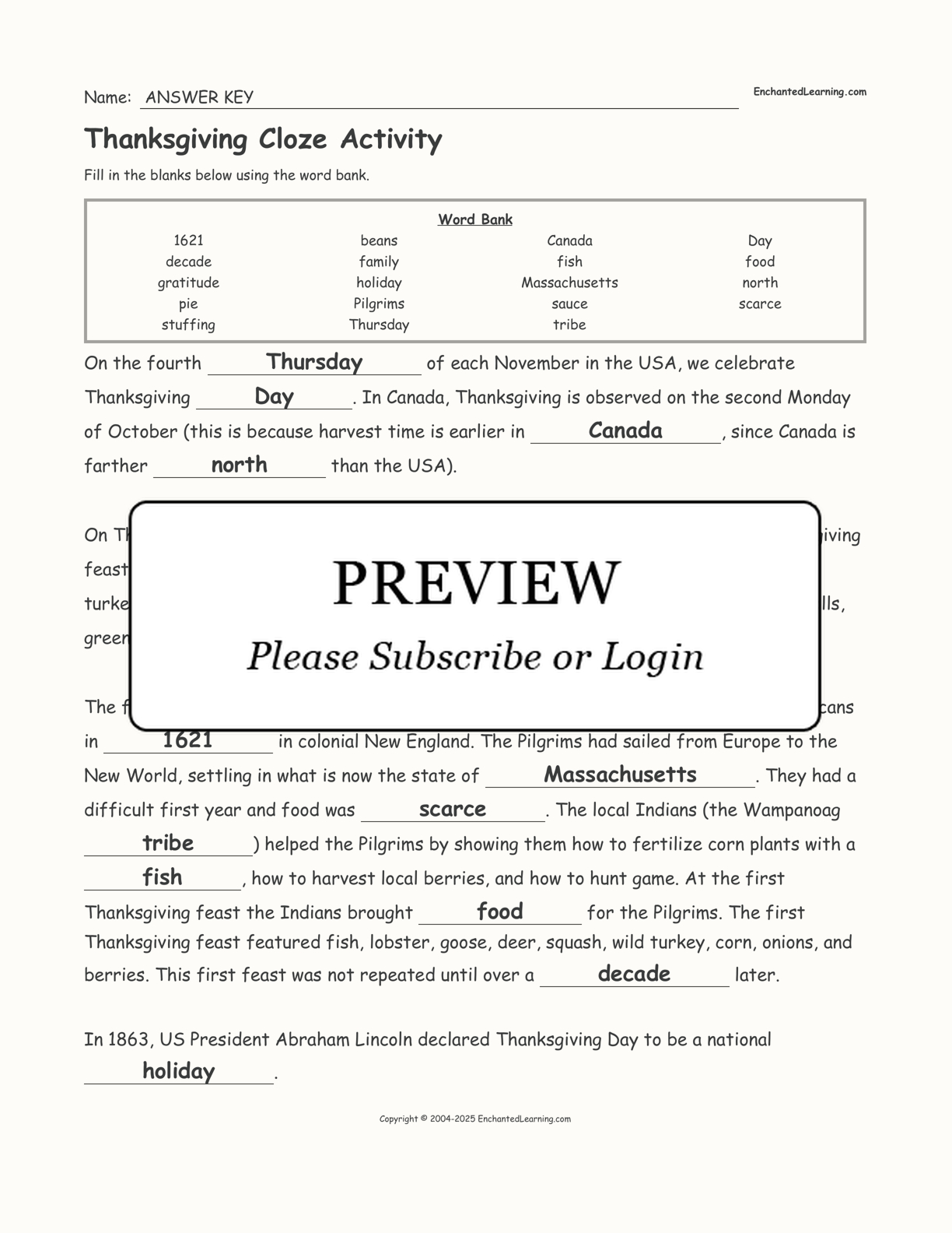 Thanksgiving Cloze Activity - Enchanted Learning with regard to Thanksgiving Cloze Worksheets