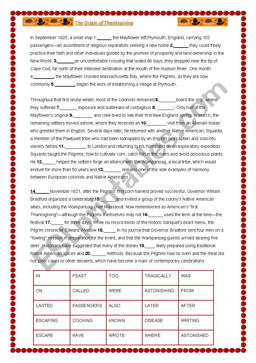 Thanksgiving Cloze Text - Esl Worksheetalaniss pertaining to Thanksgiving Cloze Worksheets