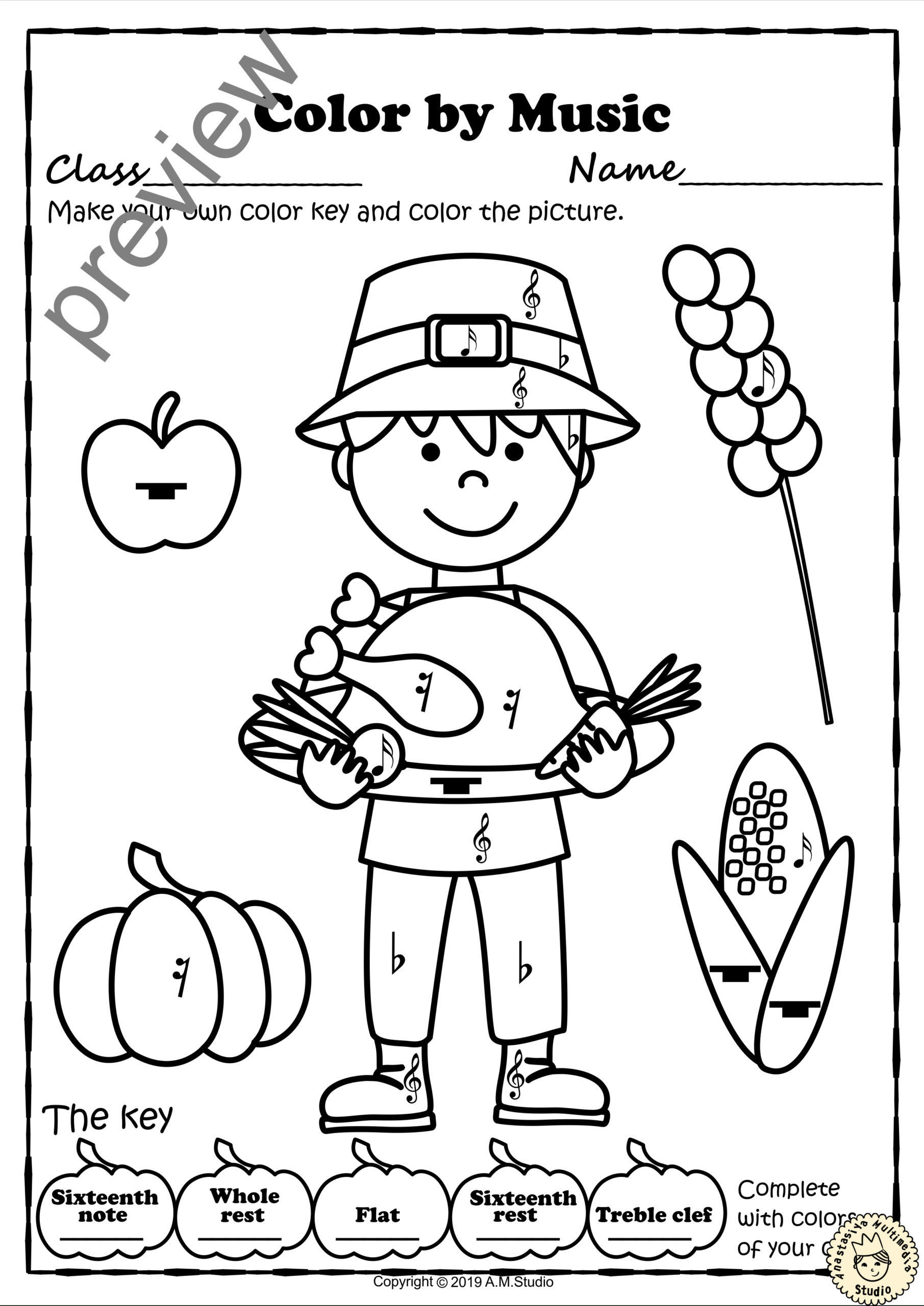 Thanksgiving Colormusic Pages {With Answers} regarding Music Thanksgiving Worksheets