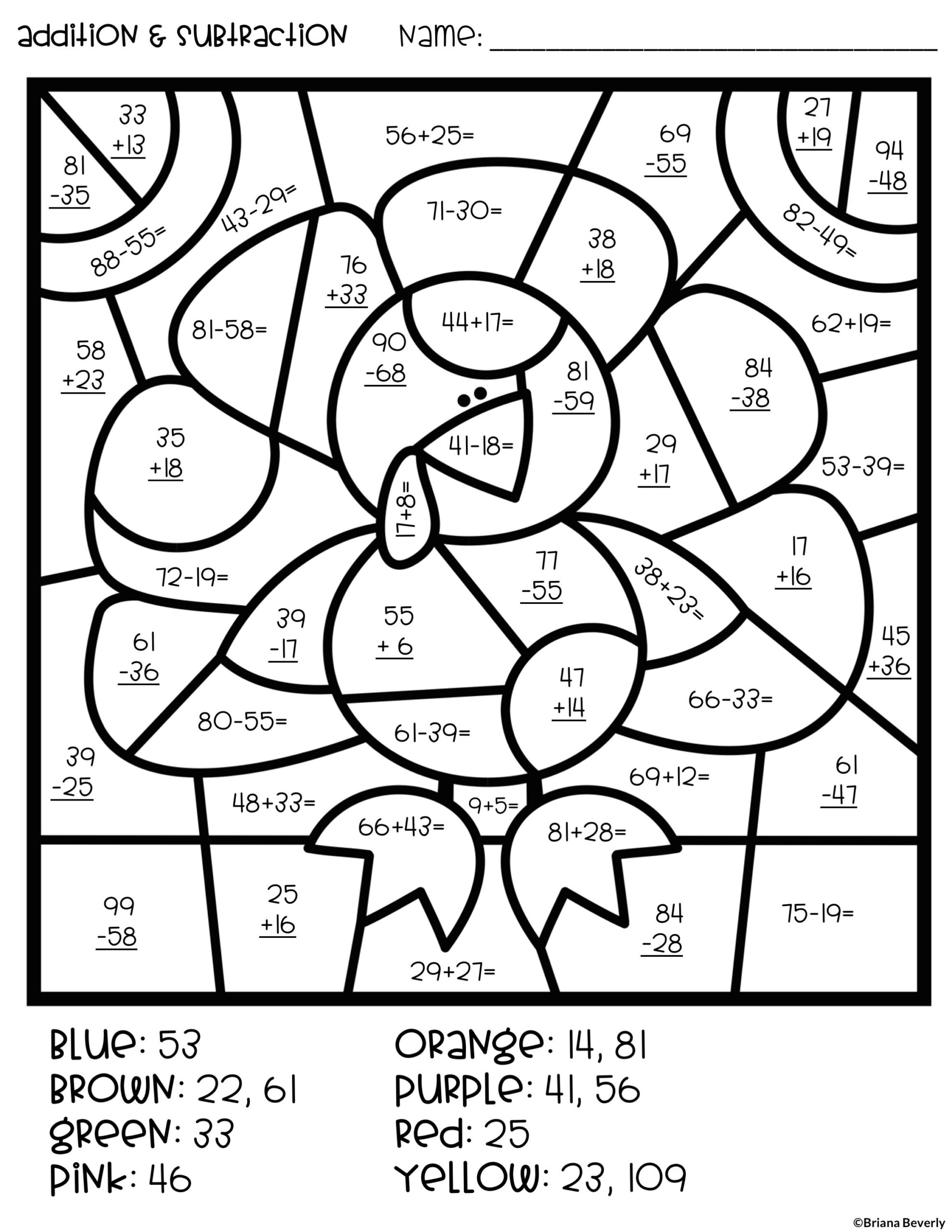 Thanksgiving Colornumber Double Digit Addition &amp;amp;Amp with Thanksgiving Subtraction Worksheets
