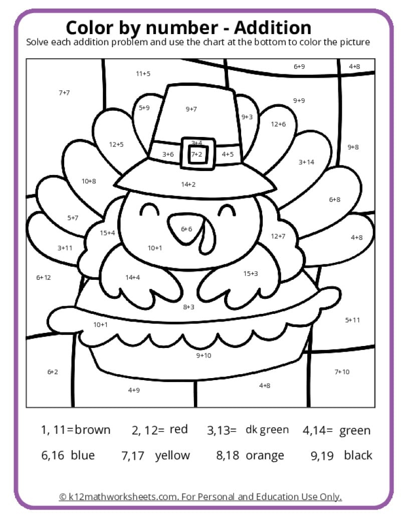 Thanksgiving Colornumber Pages - K12 Math Worksheets throughout Thanksgiving Worksheets Color by Number