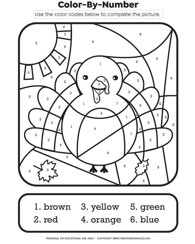Thanksgiving Colornumber Printable Kids Activity - Fun Loving pertaining to Thanksgiving Worksheets Color by Number
