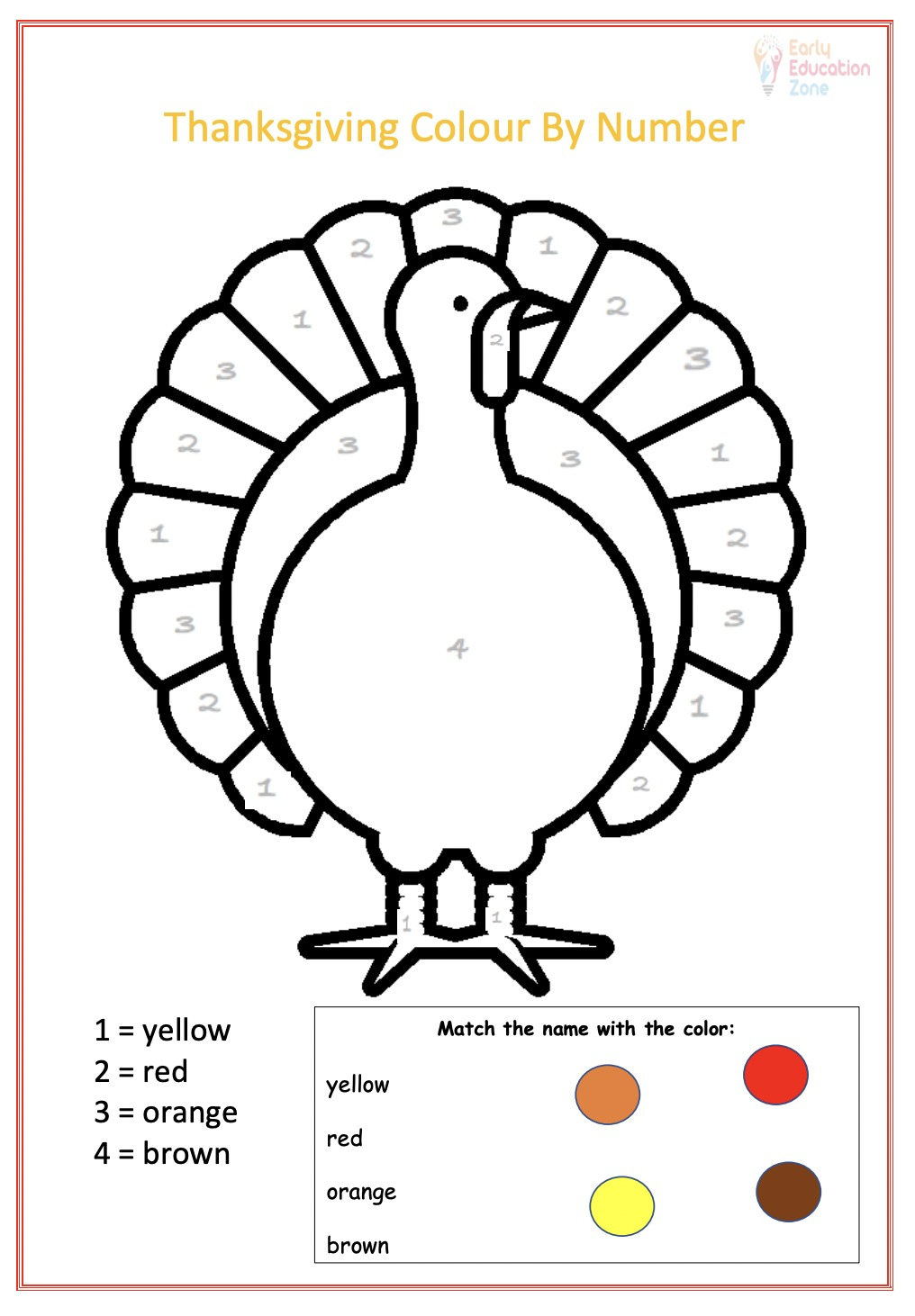 Thanksgiving Colournumber Turkey | Early Education Zone with Thanksgiving Turkey Worksheet