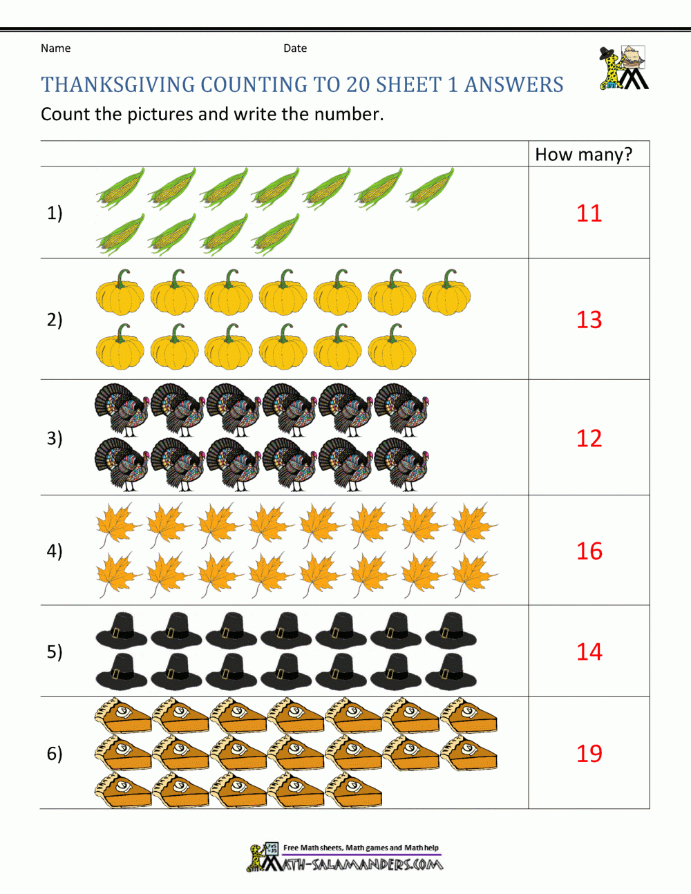 Thanksgiving Counting Worksheets throughout Thanksgiving Worksheet Answers