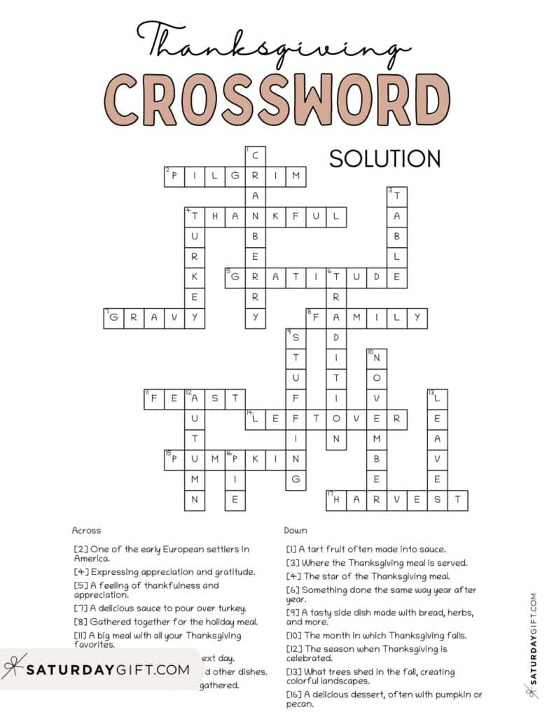 Thanksgiving Crossword Puzzle - Cute &amp;amp; Free Printable | Saturdaygift within Thanksgiving Crossword Puzzle Worksheet Answer Key