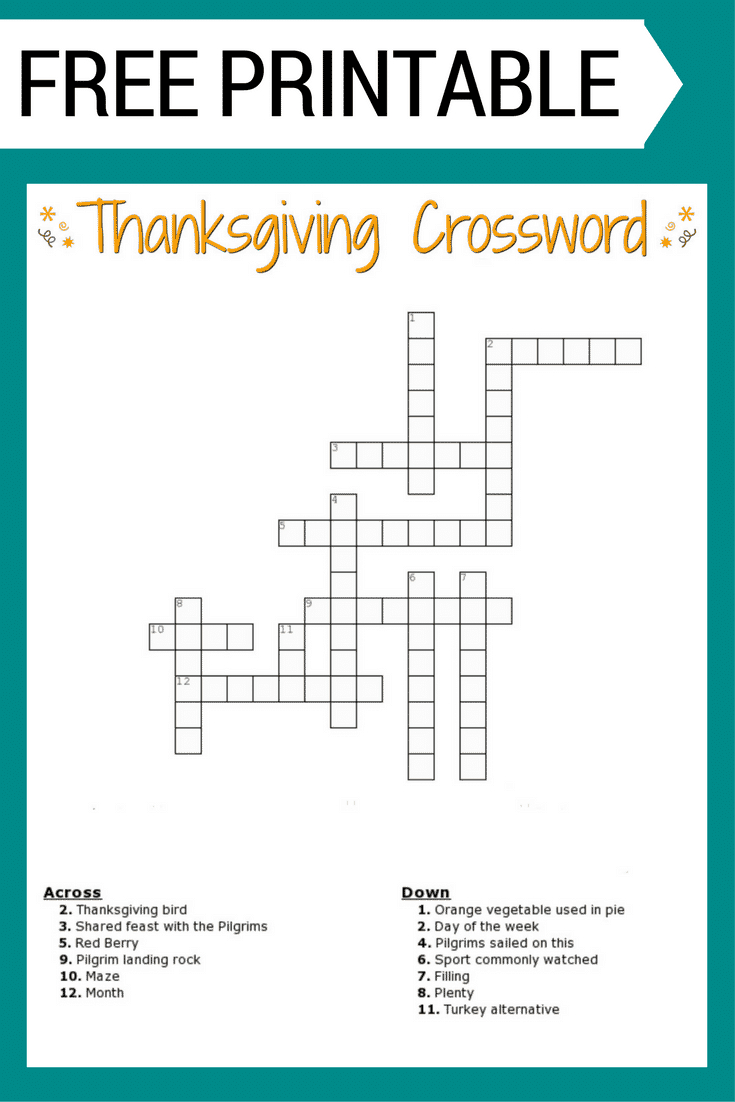 Thanksgiving Crossword Puzzle Free Printable For Kids Or Adults for Thanksgiving Crossword Puzzle Worksheet