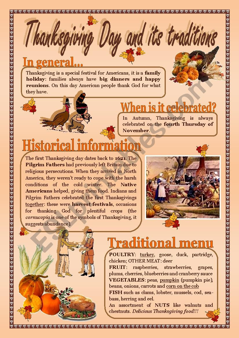 Thanksgiving Day And Its Traditions - Esl Worksheetalex076 with Thanksgiving Traditions Worksheet
