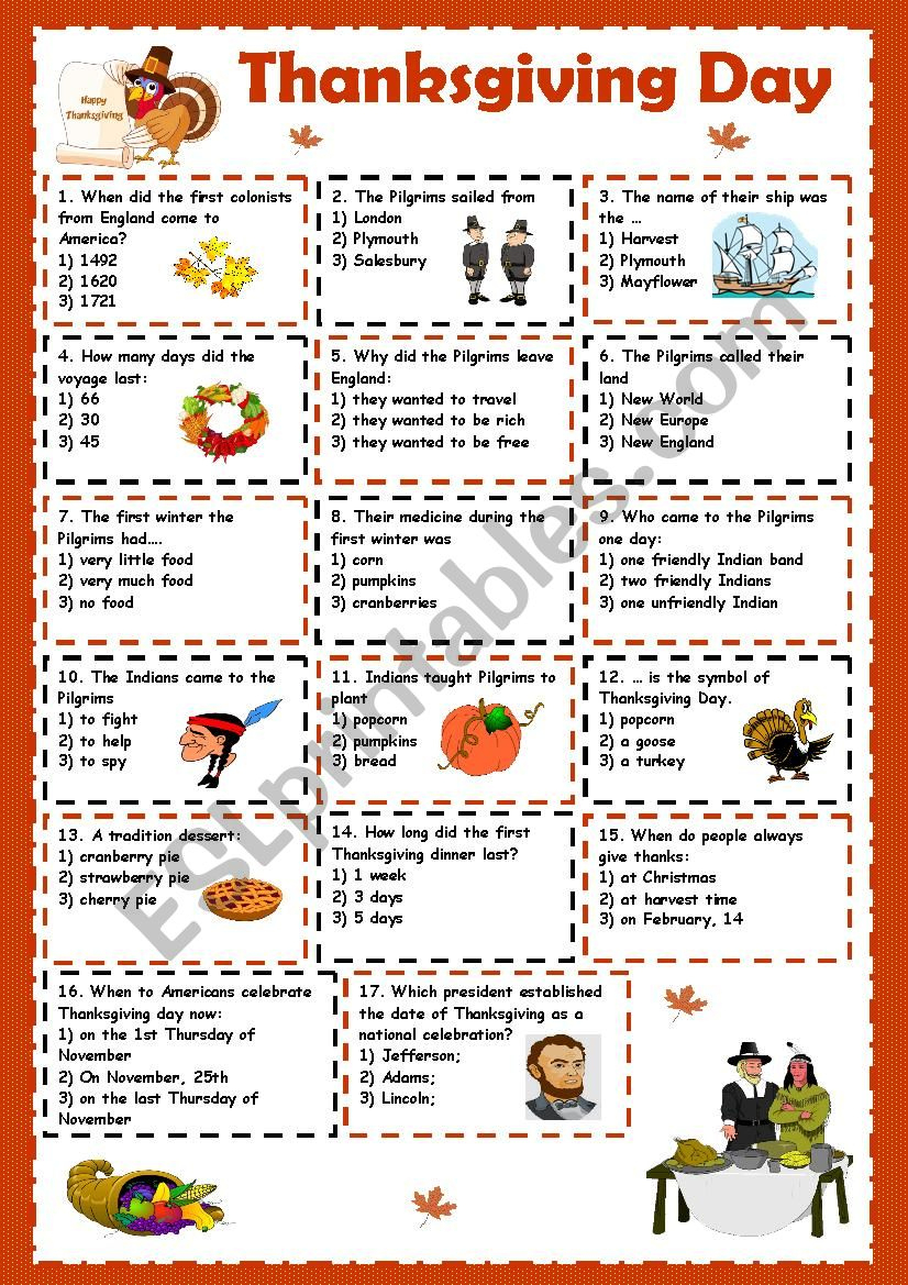Thanksgiving Day - Esl Worksheetkosamysh throughout Thanksgiving A Day Of Thanks Worksheet Answers