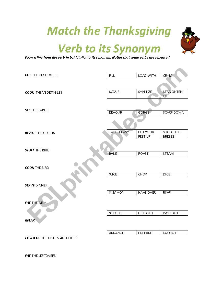 Thanksgiving Dinner Synonyms - Esl Worksheetupen Atem inside Thanksgiving Synonyms Worksheet