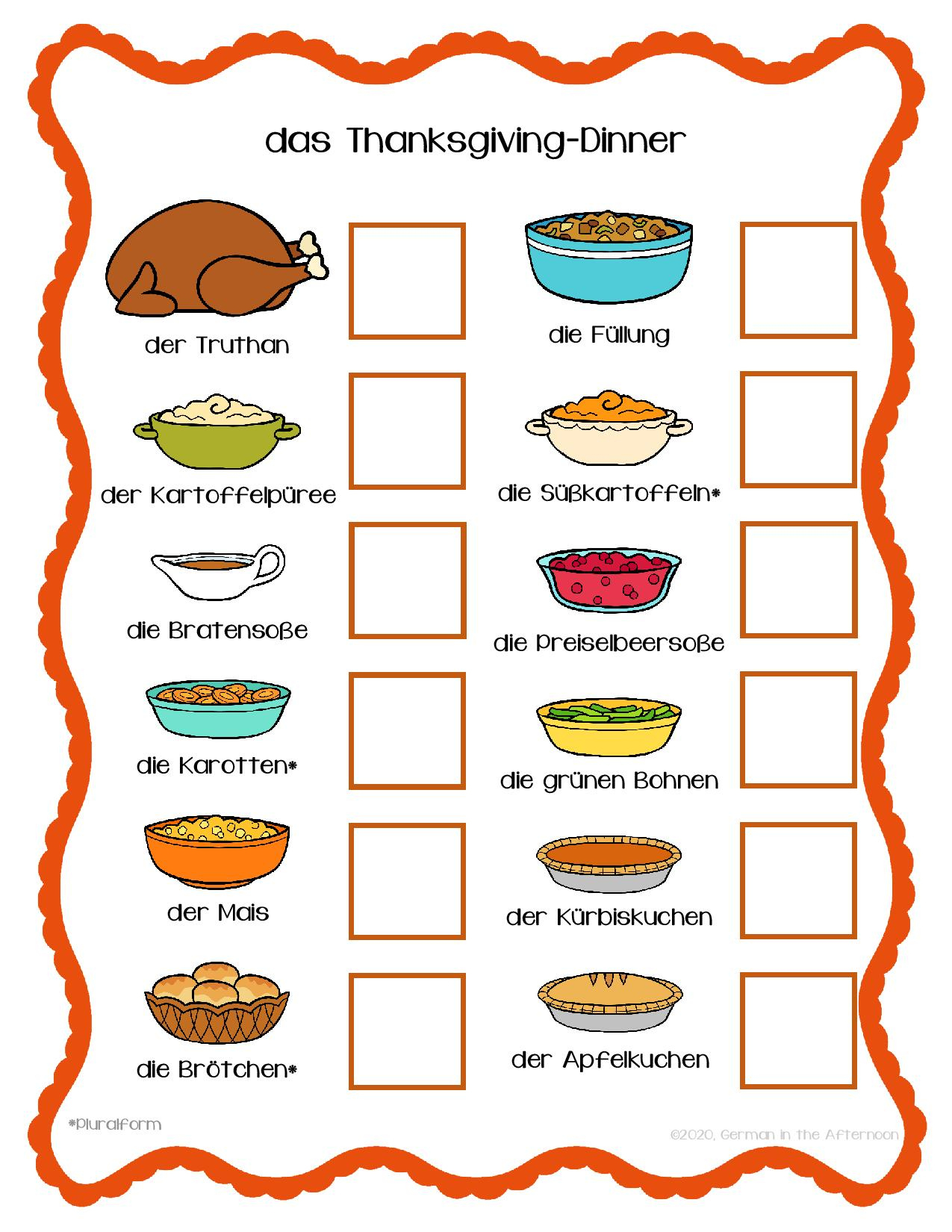 Thanksgiving-Dinner Umfrage / Survey | German In The Afternoon within Thanksgiving Food Worksheet