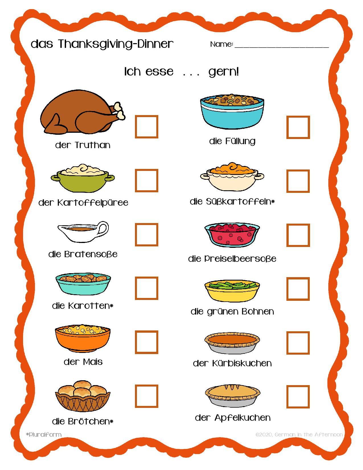 Thanksgiving-Dinner Umfrage / Survey | German In The Afternoon within Thanksgiving Meal Worksheet