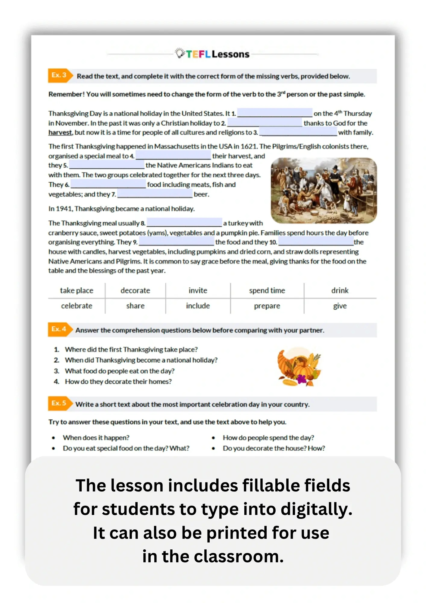 Thanksgiving Esl Worksheet – Free A1 Elementary Lesson - Tefl inside Thanksgiving A Day Of Thanks Worksheet Answers